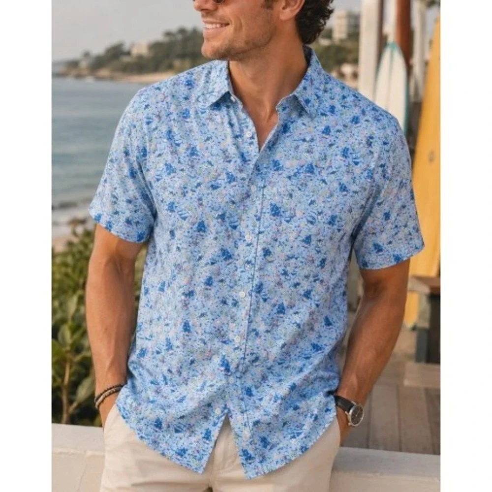 Peter Millar Mens Blue Pirate Nautical Skull Rum Print Short Sleeve Shirt L
